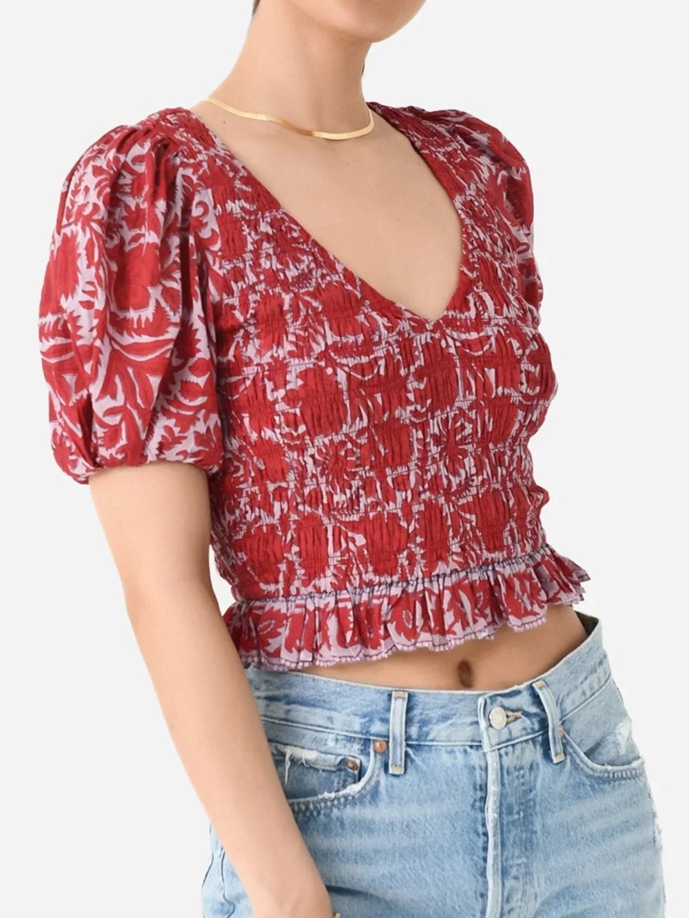 🆕 CLEOBELLA “Flora” Red Smocked V-Neck Puff Sleeve Crop Top - L